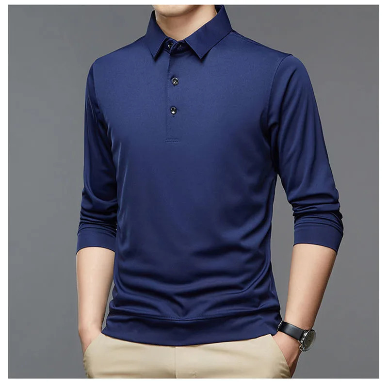 Streetwear Fashion Men Solid Polo Shirts Spring Autumn T-Shirt Korean Long Sleeve Lapel Thin Male Clothes Business Tops 240117