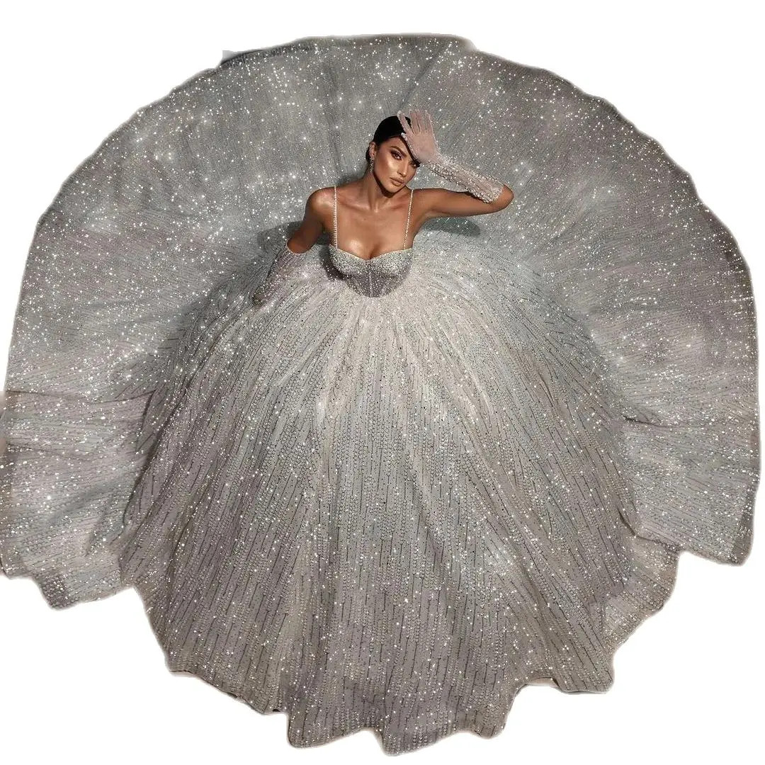 Vintage Spaghetti Straps Wedding Dresses Ball Gown Sexy Backless Sequined Lace Vestido De Noiva Custom Made Bridal Dress