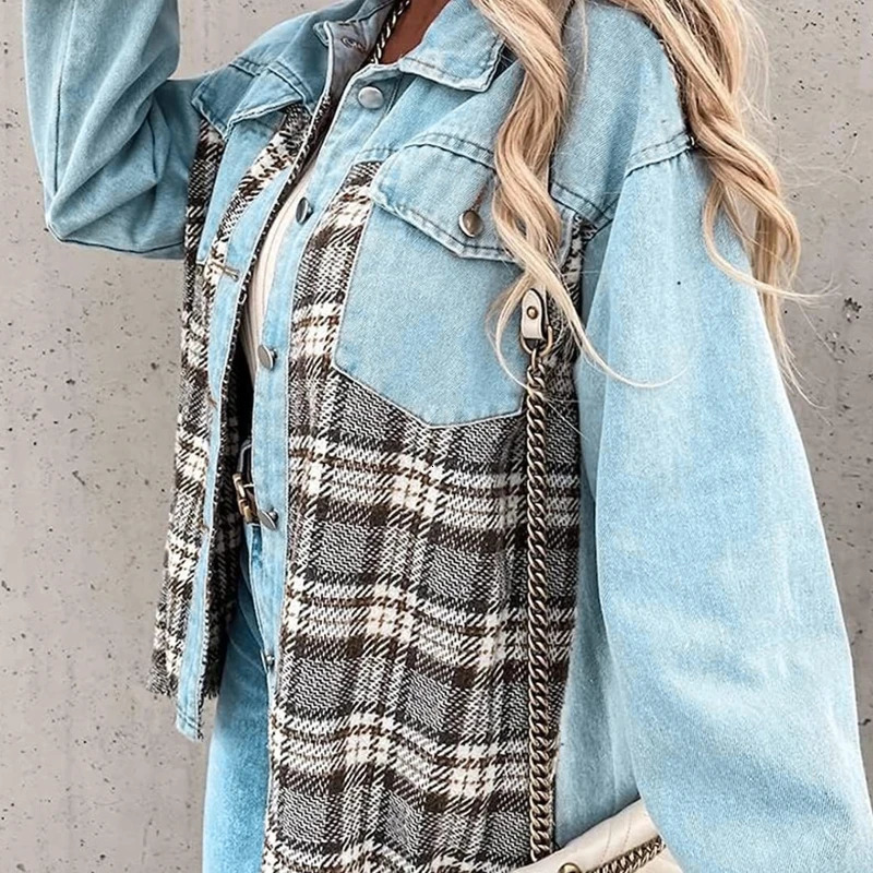 Women Denim Jackets Oversized Jean For Dresses Long Sleeve Plaid Coat with Flap Pocket 240116