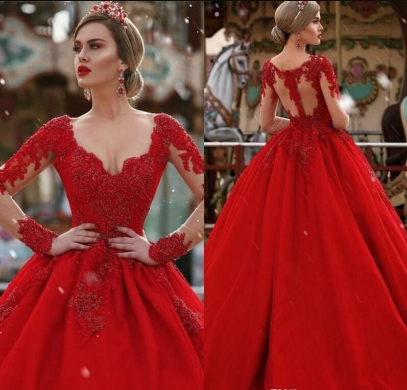 Custom Long Sleeves Wedding Dresses Plunging V-neck Lace Appliqued Red Puffy Long Arabic Dubai Formal Party Wear Gowns Celebrity