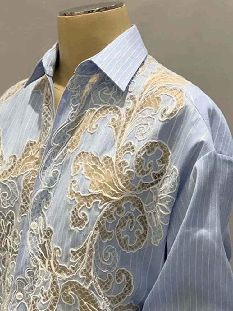 VGH Striped Patchwork Lace Elegant Shirt For Women Lapel Long Sleeve Spliced Irregular Hem Temperament Blouse Female Fashion 240116