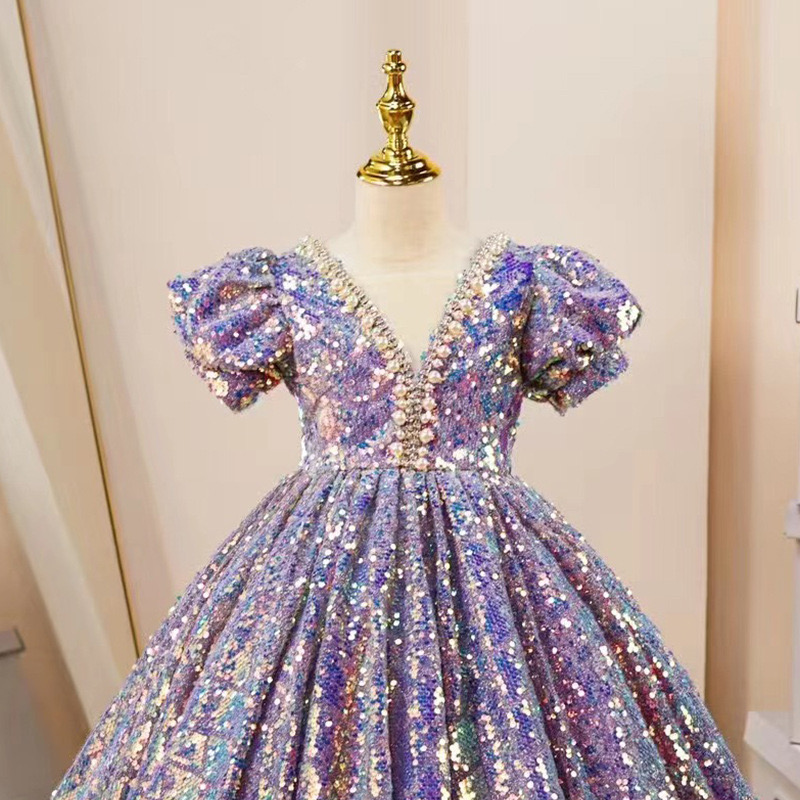 sequined Princess wer Girls Dresses For Wedding crystals pearls beaded 2024 3D ral Lace Appliques Lanvender Brithday Party Kids Toddler Pageant Dress