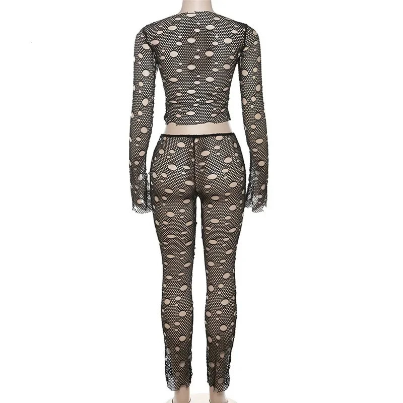 Women Sexy Club Hole Hollow Sheer Slim 2 Piece Set Full Sleeve Crop Top High Waist Pants Spicy Girl Outfits Hipster Streetwear 240117