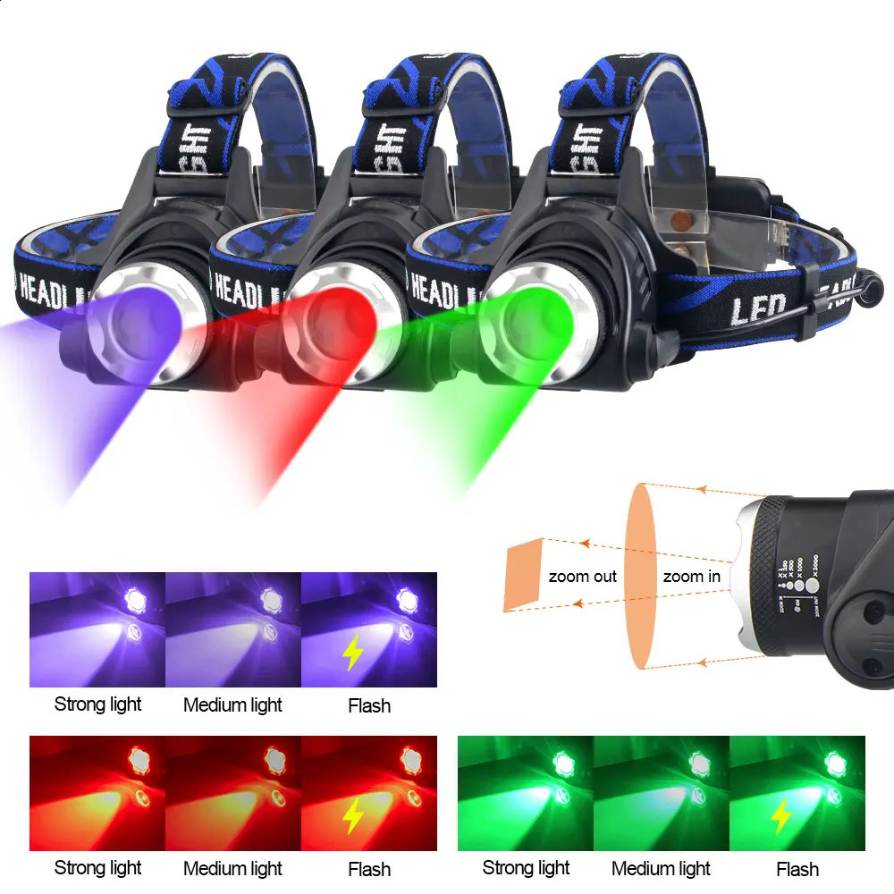 VASTFIRE RGB LED Headlamp White Zoomable Fishing Headlight GreenUV 395NM Ultraviolet Head Torch RedBlue Hunting Flashlight 240117 - view 5