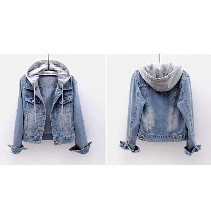 Denim Jacket Woman Hooded Short Style Clothing Retro Topcoat Pocket Buttons Long Sleeved Warm Tops Loose Fitting Autumn Winter 240116