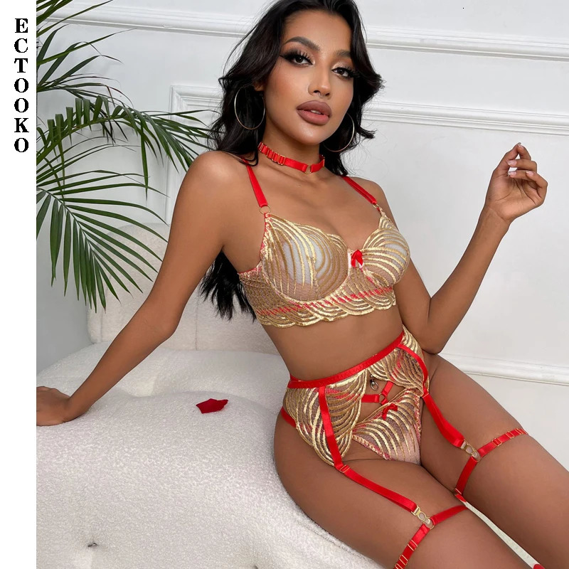 ECTOOKO Gold Embroldery Lace Transparent Bra Fancy Female Underwear 4Pieces Garter Belt With Stockings Sexy Lingerie For Women 240117