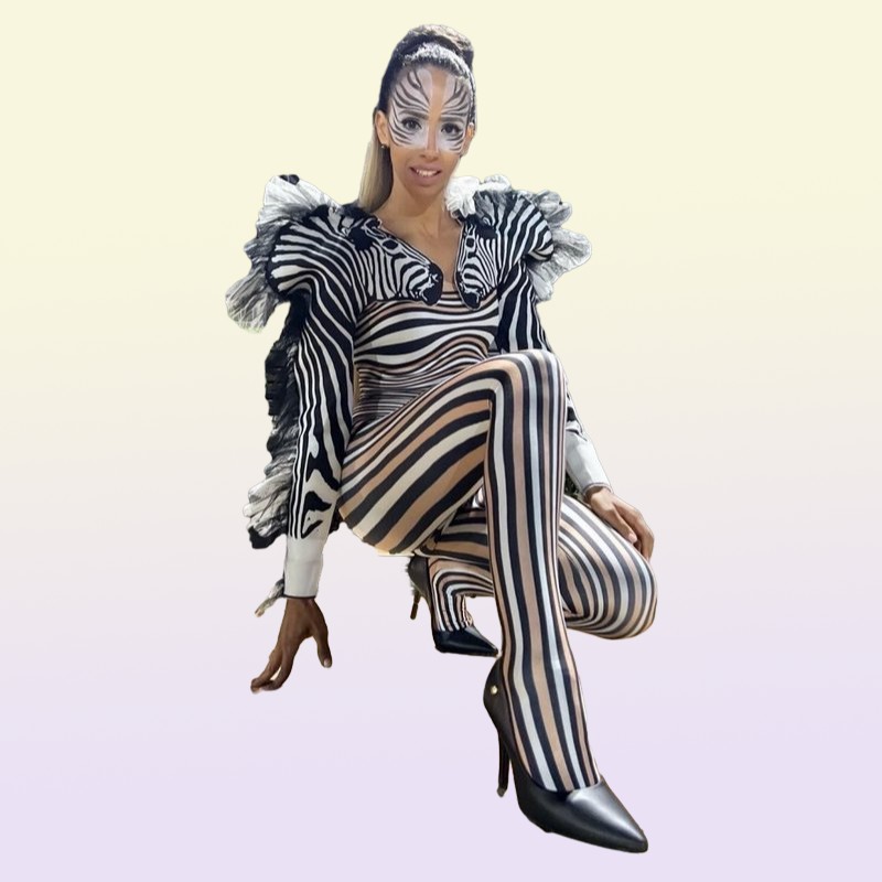 Fashion Zebra Pattern Jumpsuit Women Singer Sexy Stage Outfit Bar DS Dance Cosplay Bodysuit Performance Show Costume 2203225206096