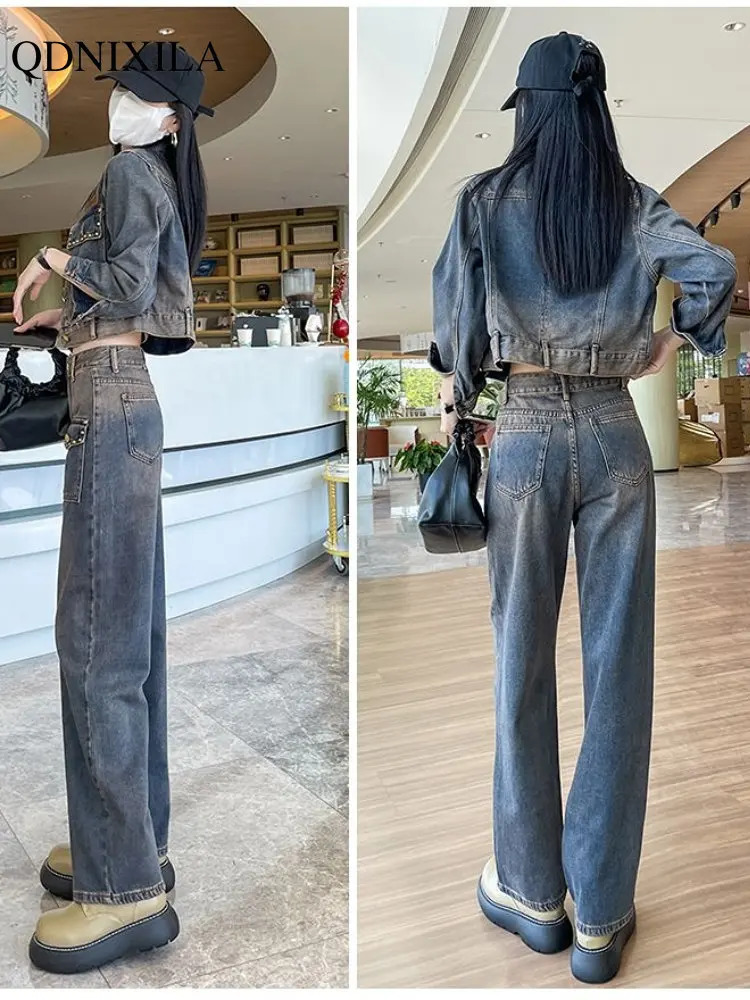 Women's Suit Long Sleeve Korean Short Denim Top Fashion Trouser Matching Sets Plus Size Outfit Two Piece Set for Women 240117