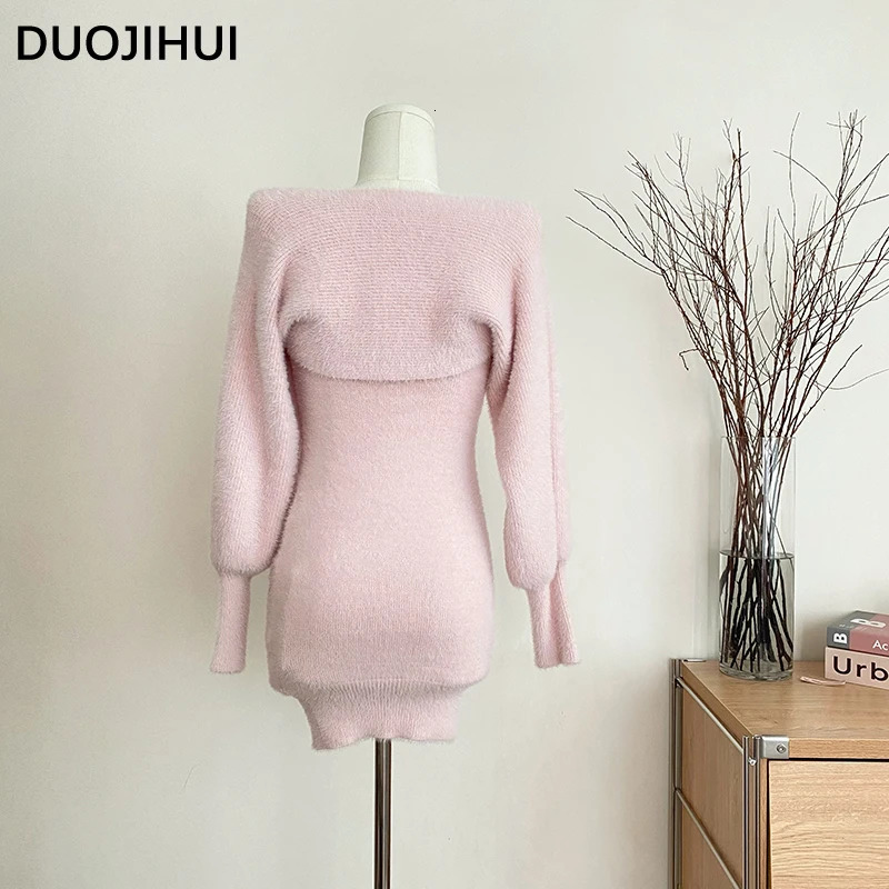 DUOJIHUI Two Piece Pink Sweet Women's Dresses Korean Style Knitting Soft Chic Bow Canshoulder Blast Pure Color Female Mini Dress 240117