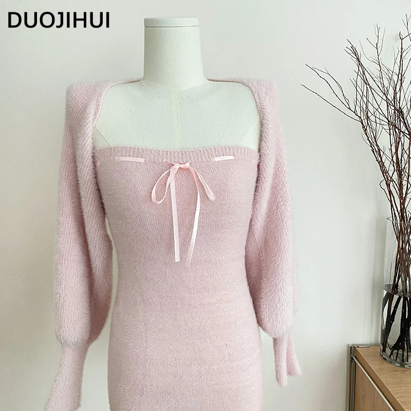 DUOJIHUI Two Piece Pink Sweet Women's Dresses Korean Style Knitting Soft Chic Bow Canshoulder Blast Pure Color Female Mini Dress 240117