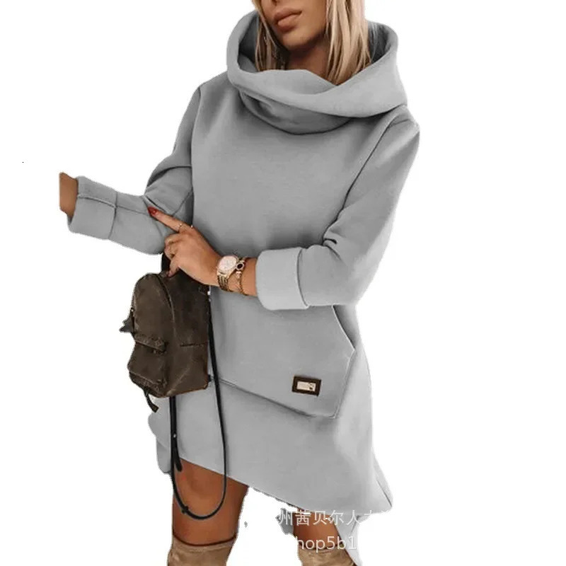 Women Autumn Long Sleeved Sweatshirt Casual Solid Color Sweater Dress Pocket Hoodies Ladies Hooded Pullovers Office Lady 240116