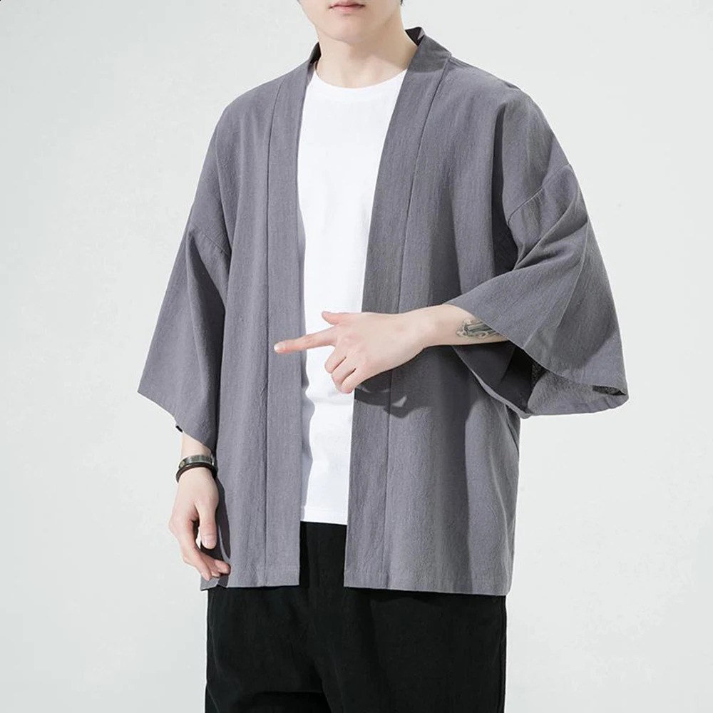 Japanese Men Cardigan Kimono Shirt Traditional Japanese Samurai Summer Plain Color Coat Yukata Male Shirt Outer Garment Coat 240117