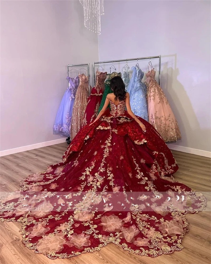 Gown Red Sweetheart Ball Quinceanera Dress For Girl Gold Appliques Birthday Party Gowns Prom Dresses Lace Up Back Beaded S Es 0212D