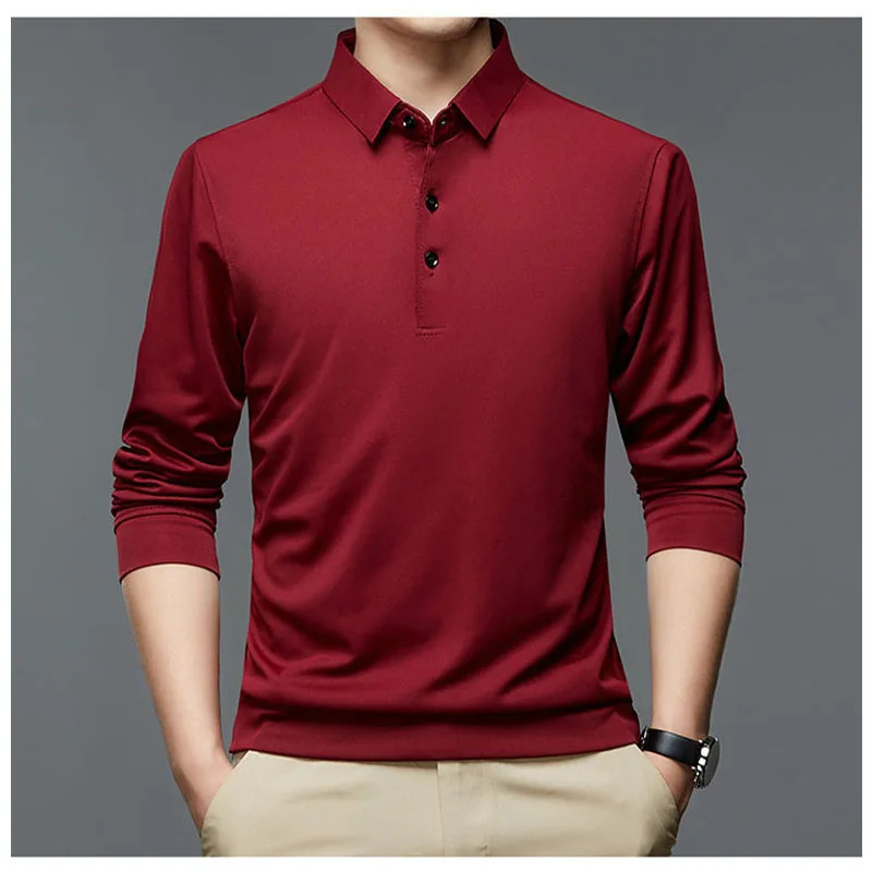 Streetwear Fashion Men Solid Polo Shirts Spring Autumn T-Shirt Korean Long Sleeve Lapel Thin Male Clothes Business Tops 240117