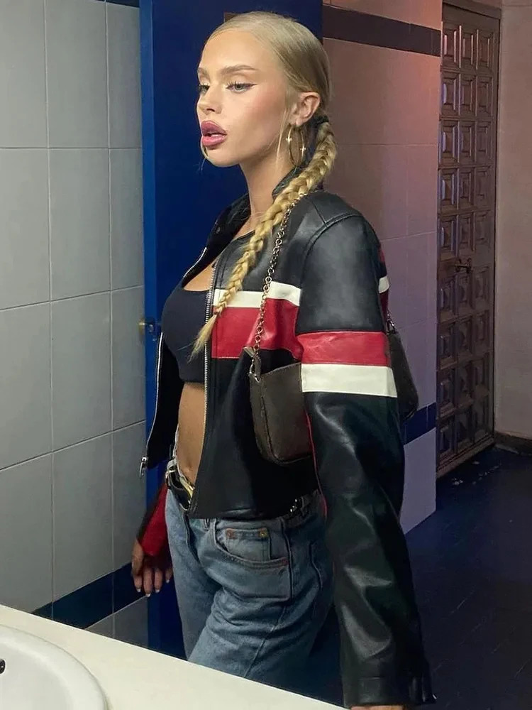 Patchwork Stitch Leather Bomber Jackets For Women 2023 In Outerwears Zip Up Long Sleeve Street Racing Coats Cropped 240116