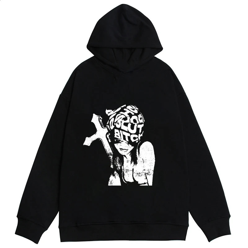 Unisex Harajuku Graphic Print Rock Gothic Y2K Hooded Sweatshirt Fashion Casual Oversize Punk Hoodie Top Retro Hip Hop Pullover 240117