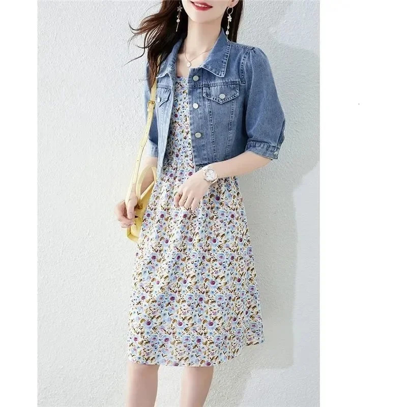 2023 Autumn Jacket Women Basic Solid Vintage Crops Trendy Turn Down Collar Half Sleeve Denim Fit Harajuku Street Female Outwear 240116