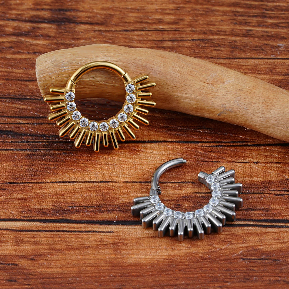 Right Grand ASTM 36 Spark Burst CZ Daith Earring Hoop Front Facing Hinged Segment Clicker Septum Nose Ring Piercing 240117