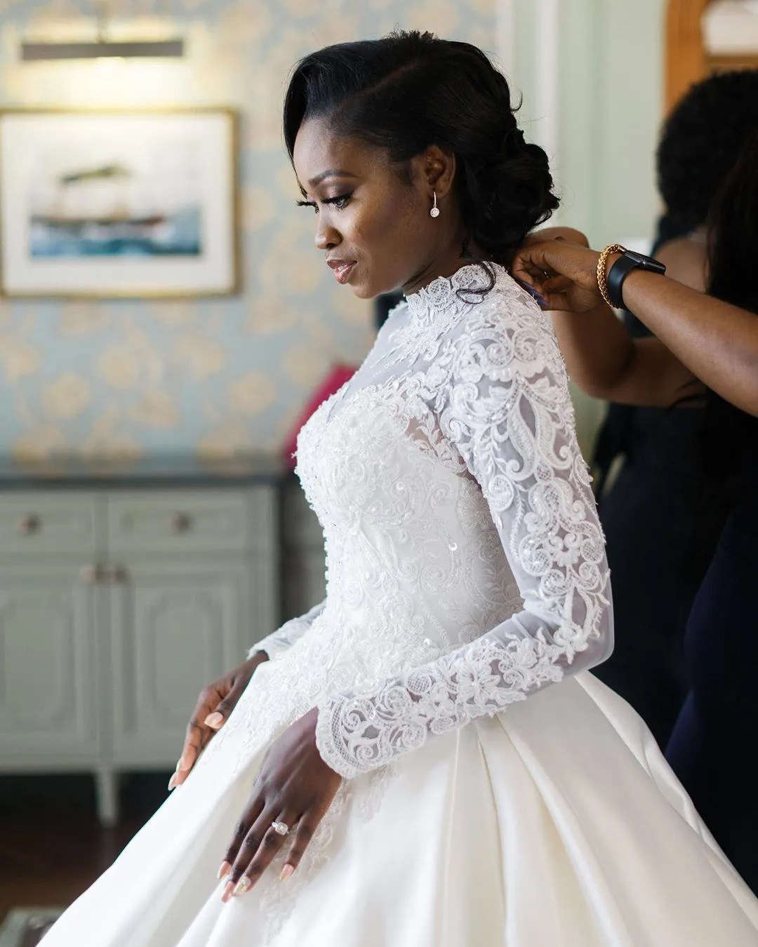 Arabic Aso Ebi Lace Beaded Dresses High Neck Long Sleeves Bridal Custom Made Wedding Gowns Plus Size YD 6660312