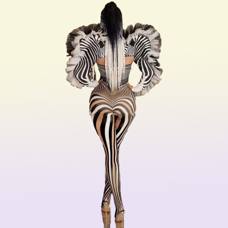 Fashion Zebra Pattern Jumpsuit Women Singer Sexy Stage Outfit Bar DS Dance Cosplay Bodysuit Performance Show Costume 2203225206096