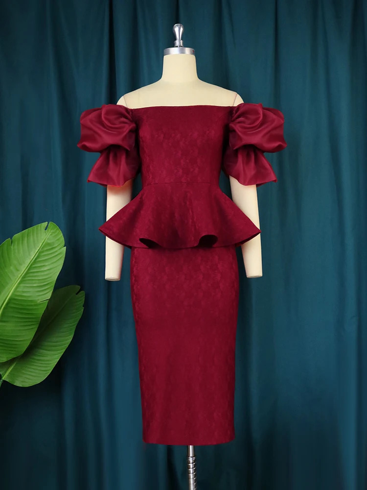 Plus Size 4XL Lace Dresse Burgundy Short Sleeve Off Shoulder Elegant Robes Peplum Midi Outfits Fall Evening Party 2023 240116