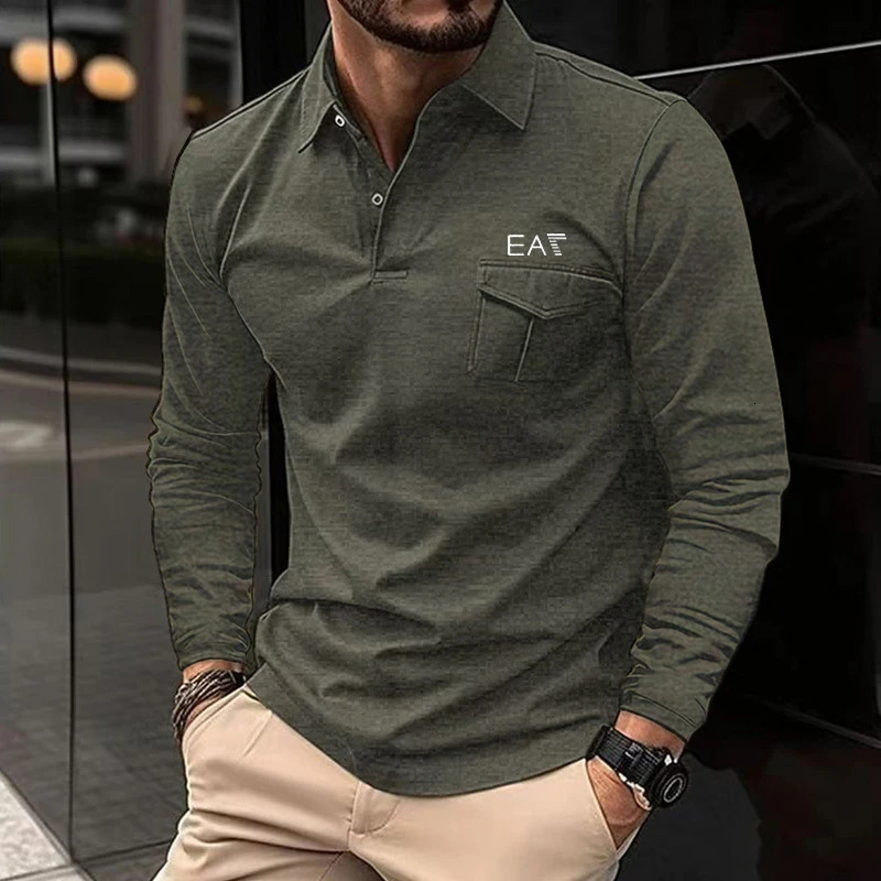 Fashion Printed Mens Long Sleeve POLO Shirt Solid Color Polo Collar Business Casual 240117