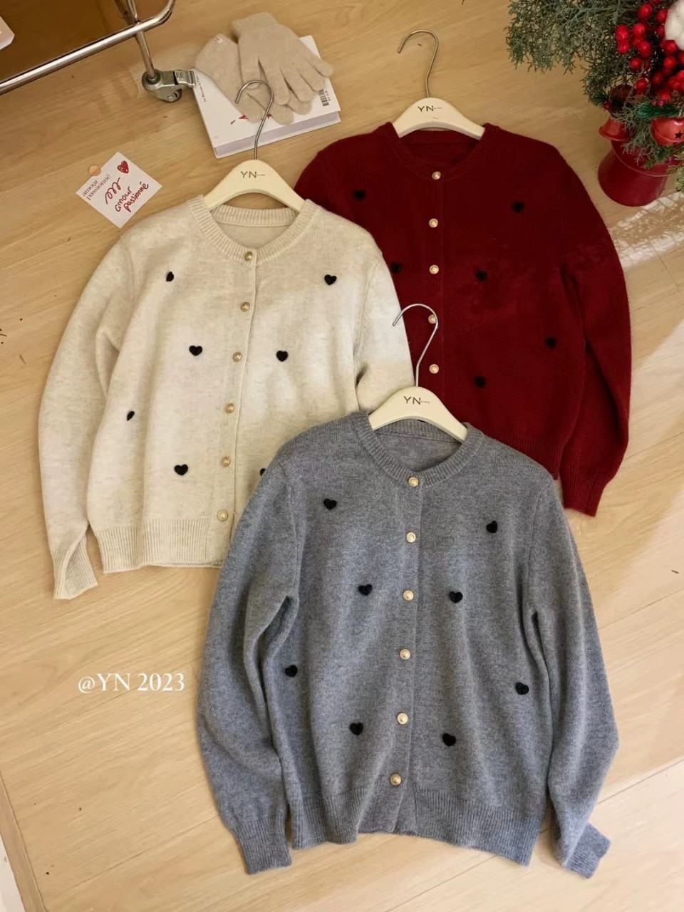T6662 Versatile Loose Single breasted Three Dimensional Love Round Neck Soft Glutinous Sweater Cardigan Length 60 230311