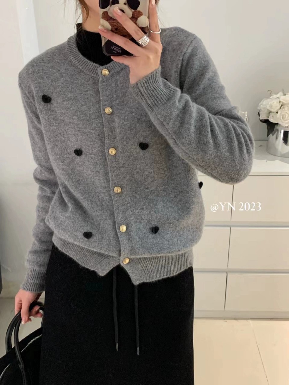 T6662 Versatile Loose Single breasted Three Dimensional Love Round Neck Soft Glutinous Sweater Cardigan Length 60 230311