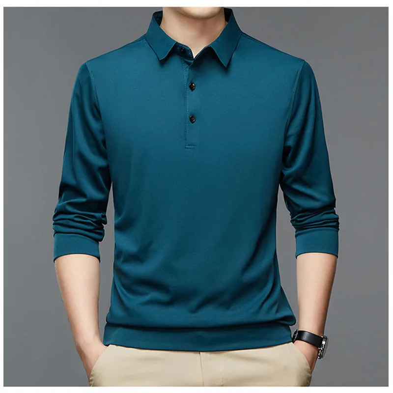 Streetwear Fashion Men Solid Polo Shirts Spring Autumn T-Shirt Korean Long Sleeve Lapel Thin Male Clothes Business Tops 240117