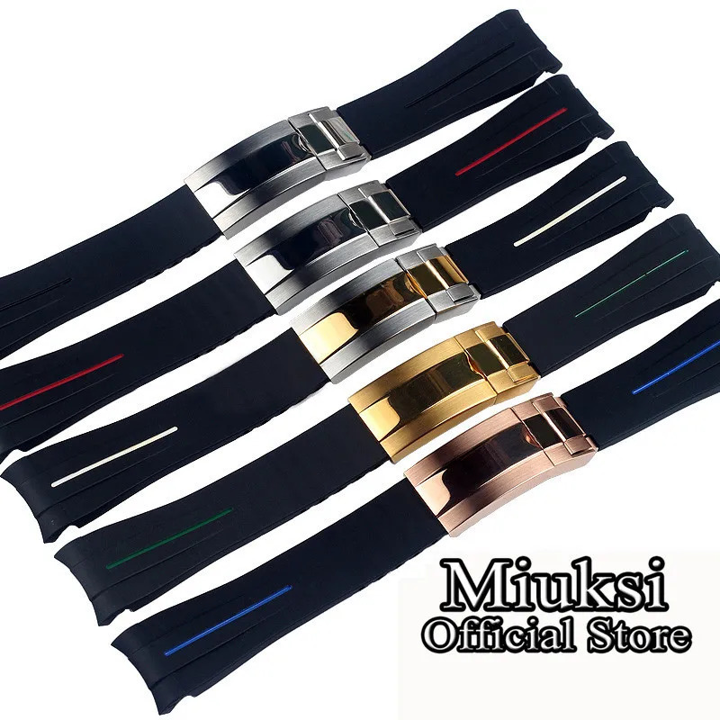 Miuksi 20mm black blue green rubber strap curved end watchband with silver rose gold balck stainless steel buckle 240116