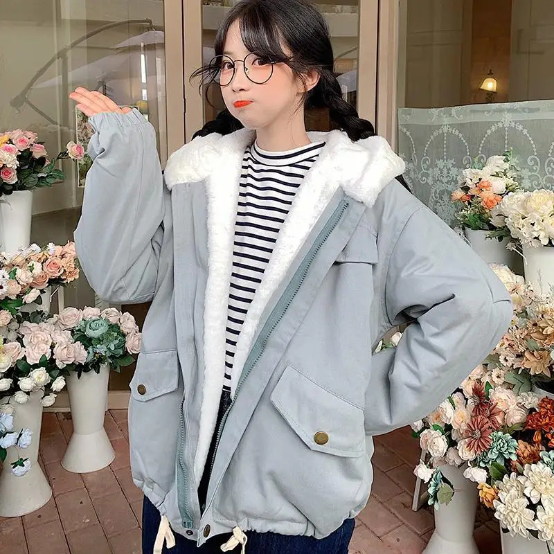 Work coat girls autumn and winter clothing Korean version student plus velvet thickened lamb wool short cotton coat 240117