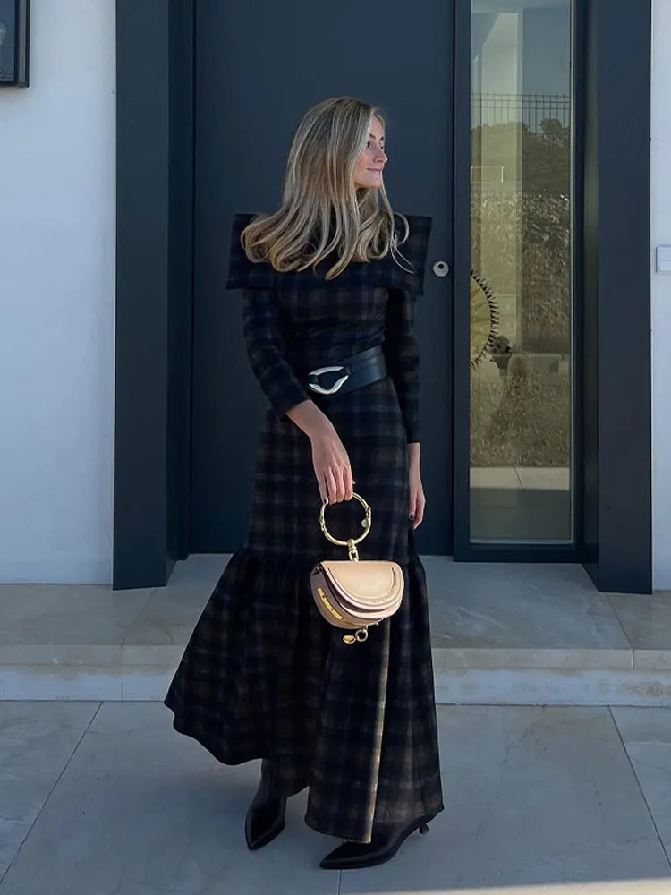 Elegant Contrasting Checkered Pattern Long Dress Women Fashion O Neck Long Sleeve Pleated Dresses Spring Autumn Lady Streetwear 240117