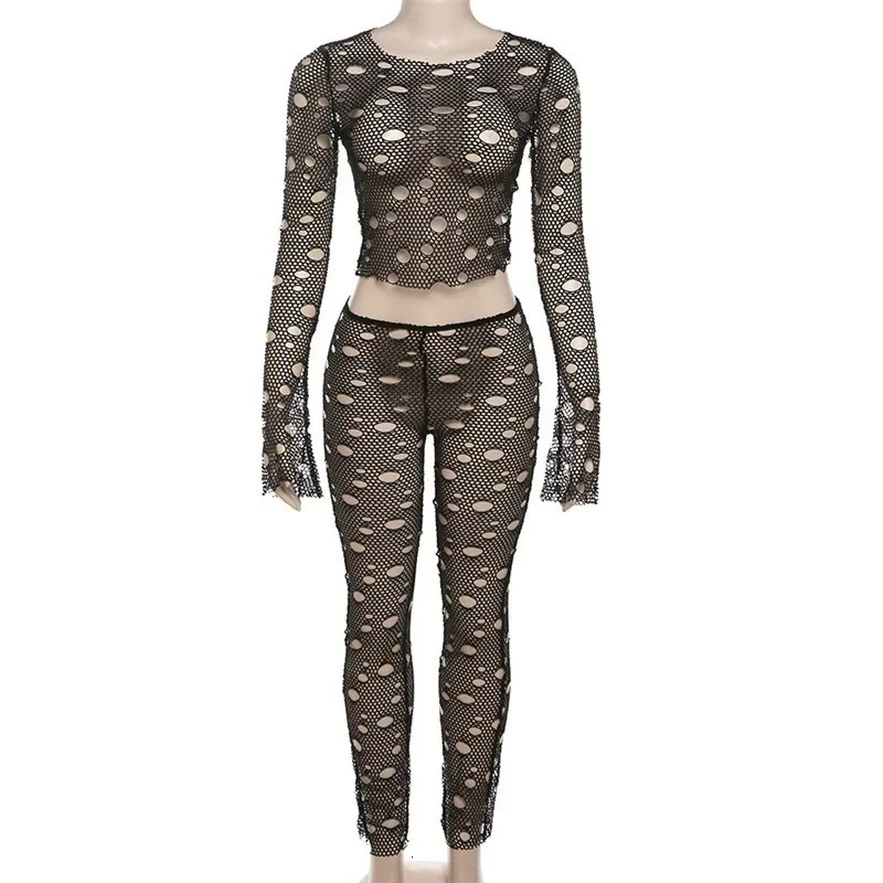 Women Sexy Club Hole Hollow Sheer Slim 2 Piece Set Full Sleeve Crop Top High Waist Pants Spicy Girl Outfits Hipster Streetwear 240117