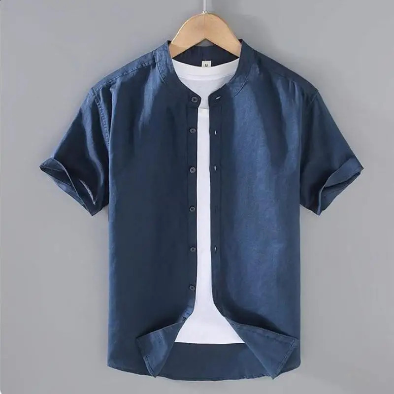 Cotton Linen Men's Short-Sleeved Shirts Summer Streetwear Plain Color Stand Collar Casual Beach Style Plus Size M-3XL 240117