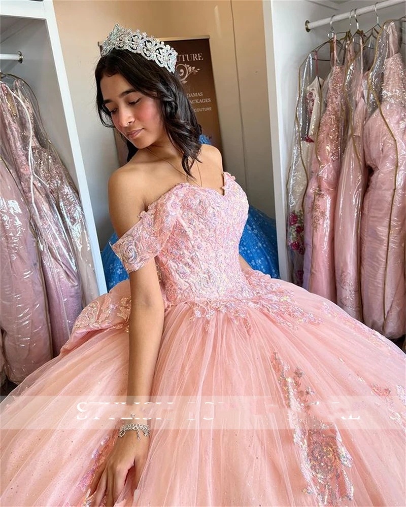 the Off Princess Pink Shoulder Ball Gown Quinceanera Dresses Beaded Celebrity Party Gowns Appliques Graduation Bow Vestido De 15 s
