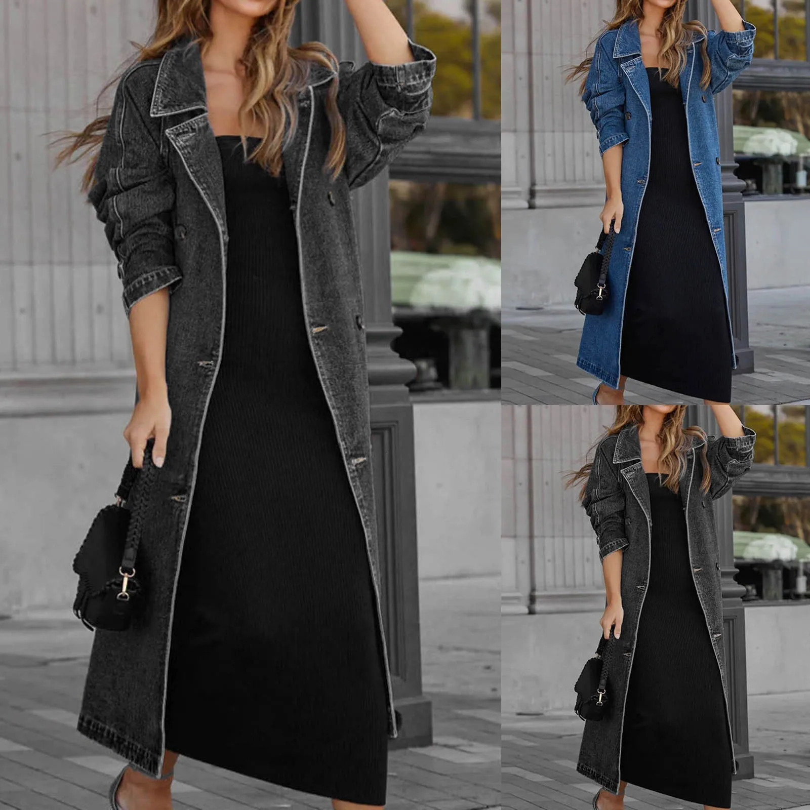 Women'S Vintage Long Jean Jacket Temperament Loose Fit Double Breasted Denim Lapel Trench Coat With Belt Woman Clothing 240116