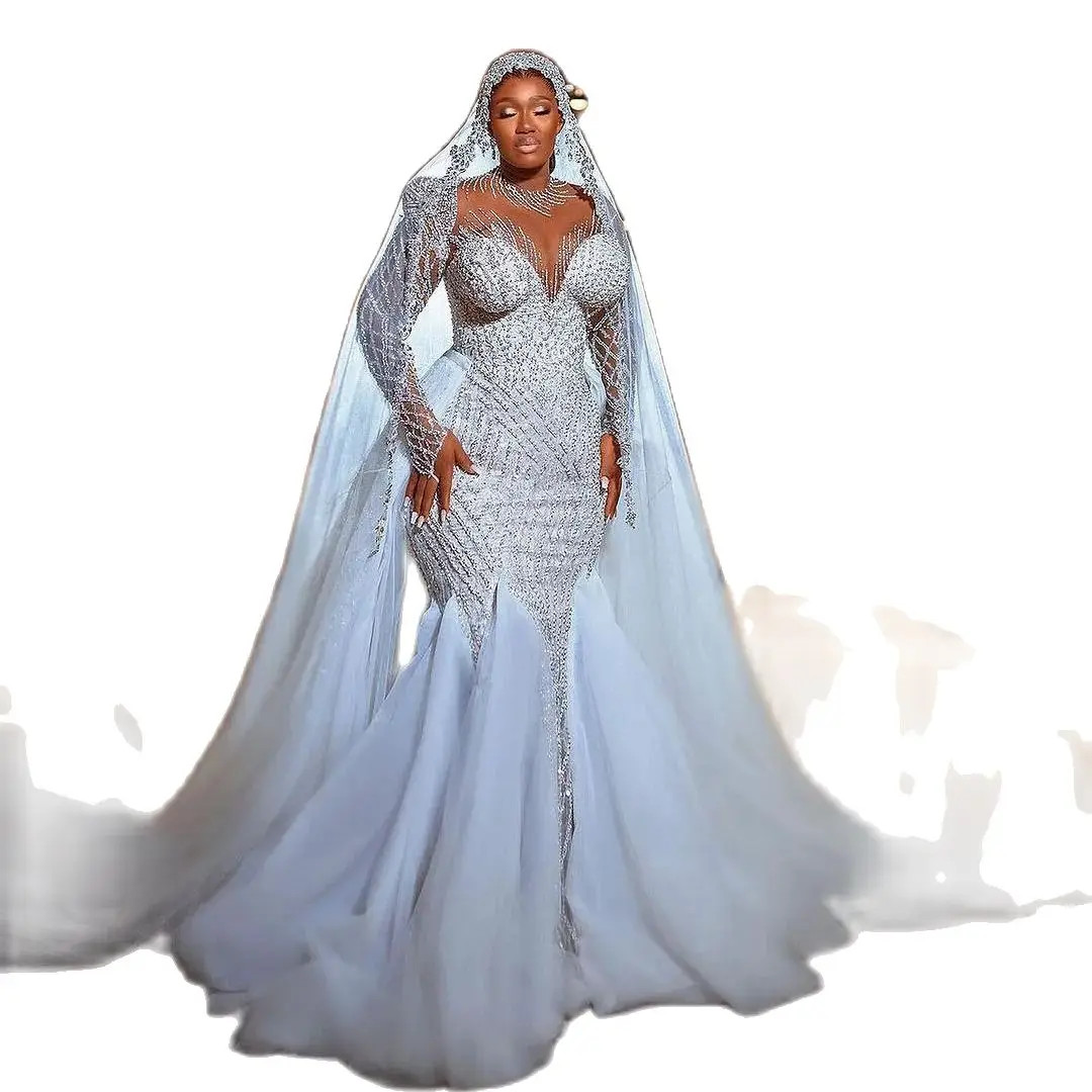 Fancy Beading Mermaid Wedding Dresses Luxury Long Sleeve Sequined Trumpet Gown Vestido De Noiva Custom Made Bridal Dress