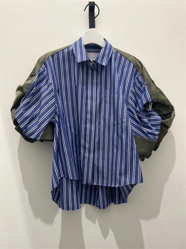 Women's Blouses Summer Style Short Sleeve Polo Collar Loose Stripe Shirt Blouse Color Contrast Stitching Bubble