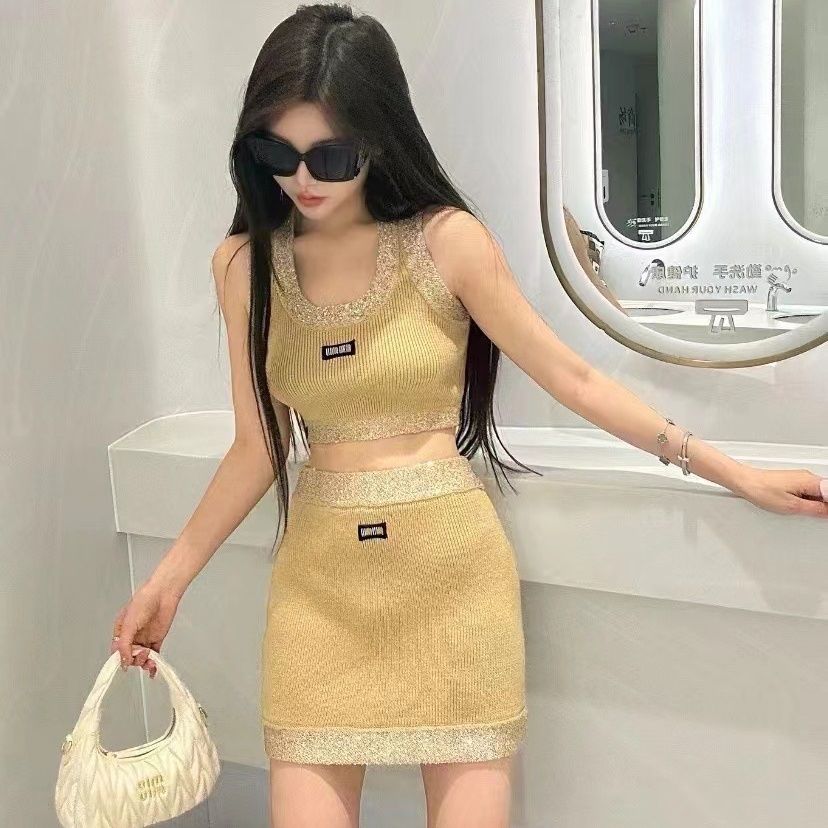 Women's o-neck paillette sequined letter print knitted vest and a-line skirt and sweater cardigans 3 pcs set SML