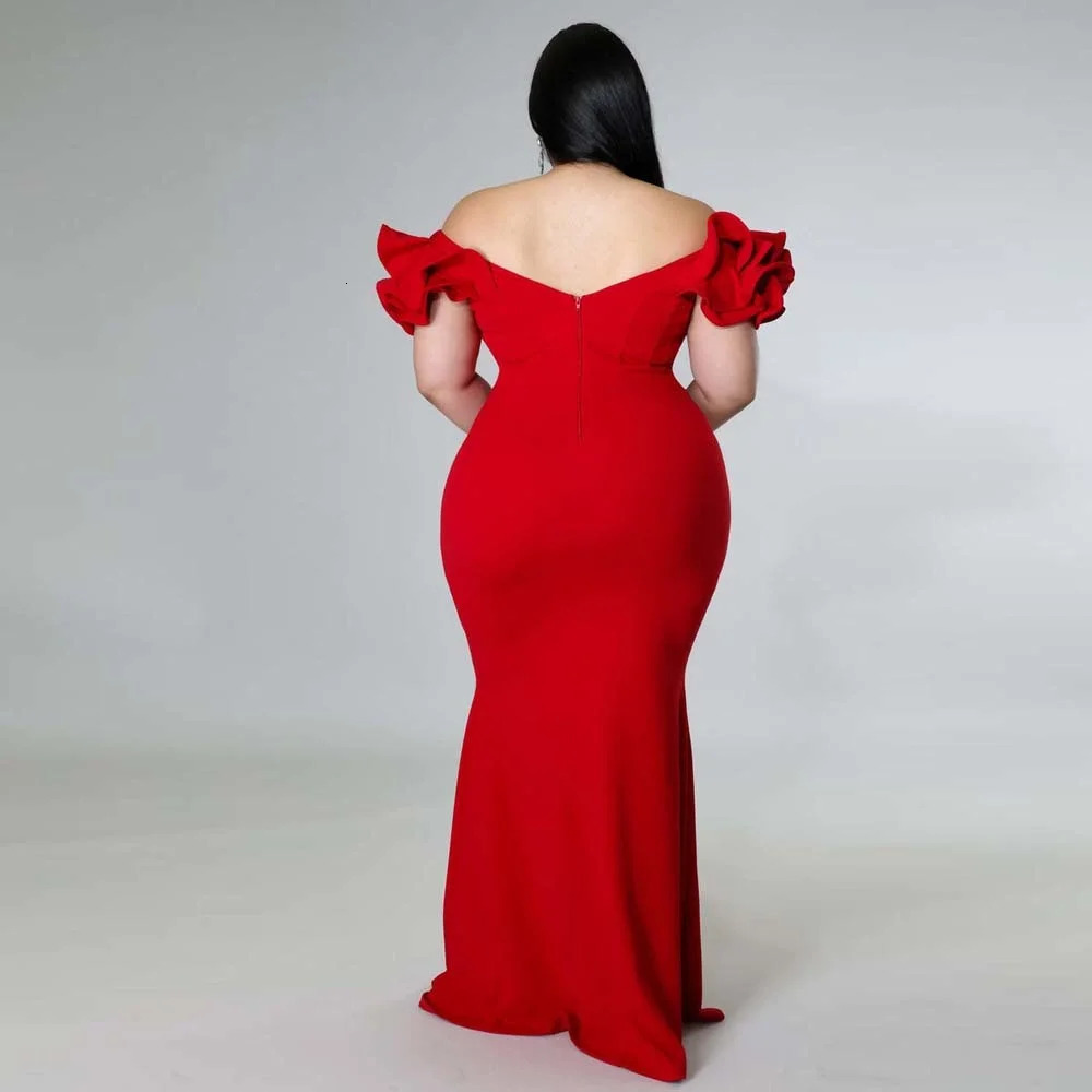 Plus Size Evening Dress Elegant Lady Ruffle Red Black Sexy Backless Large Party Formal Maxi Long Dresses Summer 2023 240116