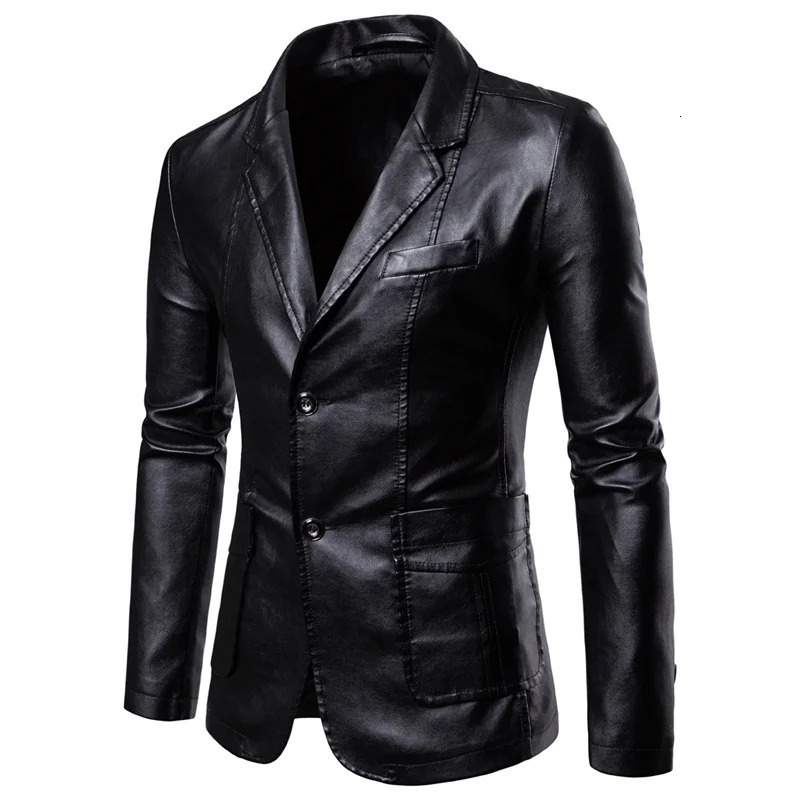 Blazer Man Spring Autumn Fashion Men's Leather Dress Suit Coat Male Business Casual Pu Black Blazers Jacket 240117
