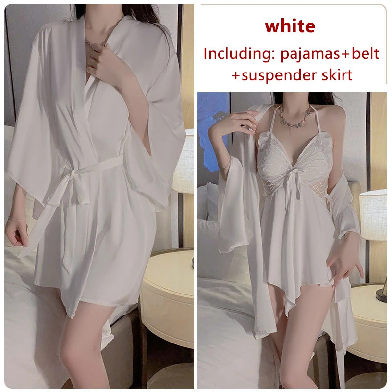 Ice Silk Womens Pajama Set With Chest Pad Gather Butterfly Nightgown selling Sexy NightRobe Outerwear Casual Home Wear 240117