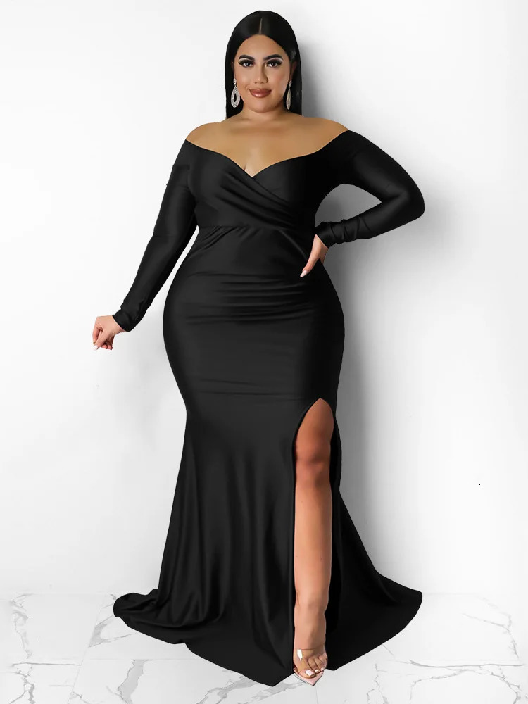 Wmstar Plus Size Party Dresses for Women Off Shoulder V Neck Slip Hem Elegant Birthday Outfit Maxi Dress Wholesale Drop 240116
