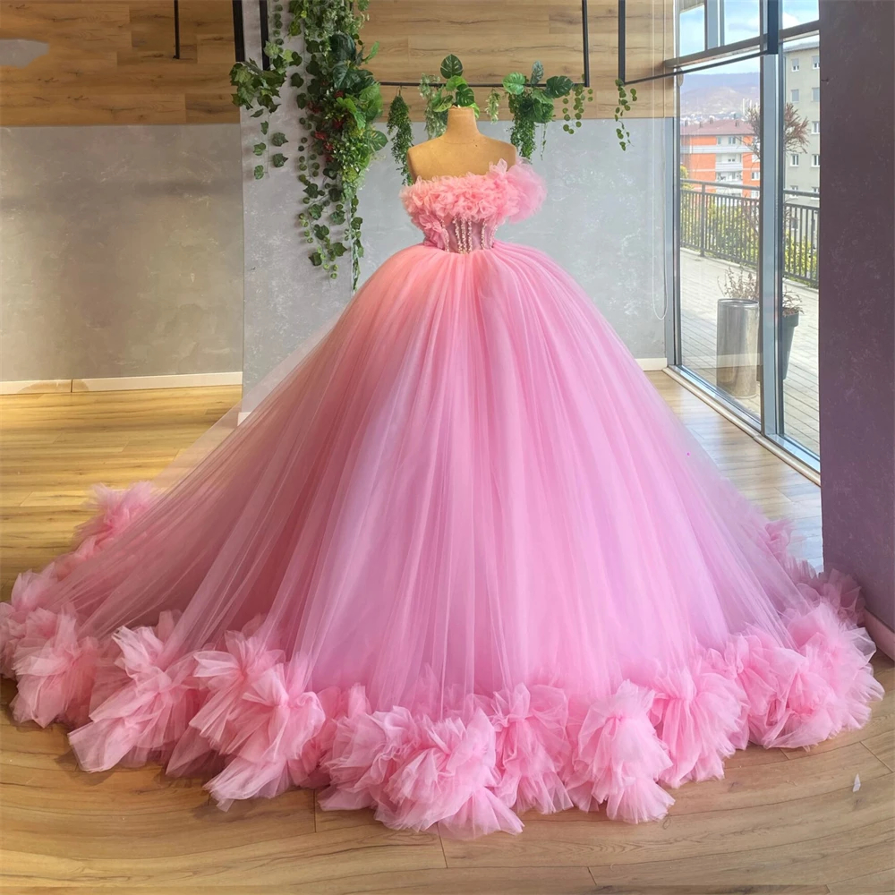 Pink One Baby Tulle Shoulder Quinceanera Dresses Ruffle Ball Princess Prom Dress Corset Long Special Ocn Sweet Birthday Party Gown