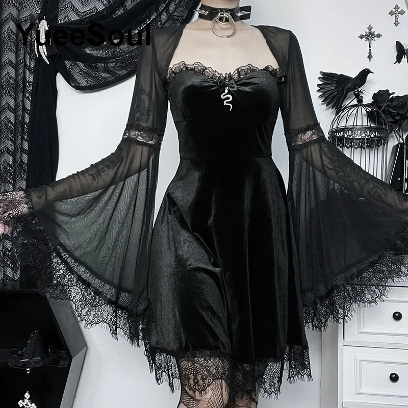 Halloween Gothic Women Dress Long Sleeve High Waist Dresses 2023 Goth Aesthetic 90s Egirl Sexy Slim Party Club 240117