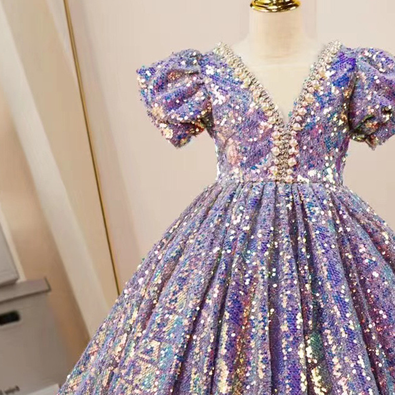 sequined Princess wer Girls Dresses For Wedding crystals pearls beaded 2024 3D ral Lace Appliques Lanvender Brithday Party Kids Toddler Pageant Dress