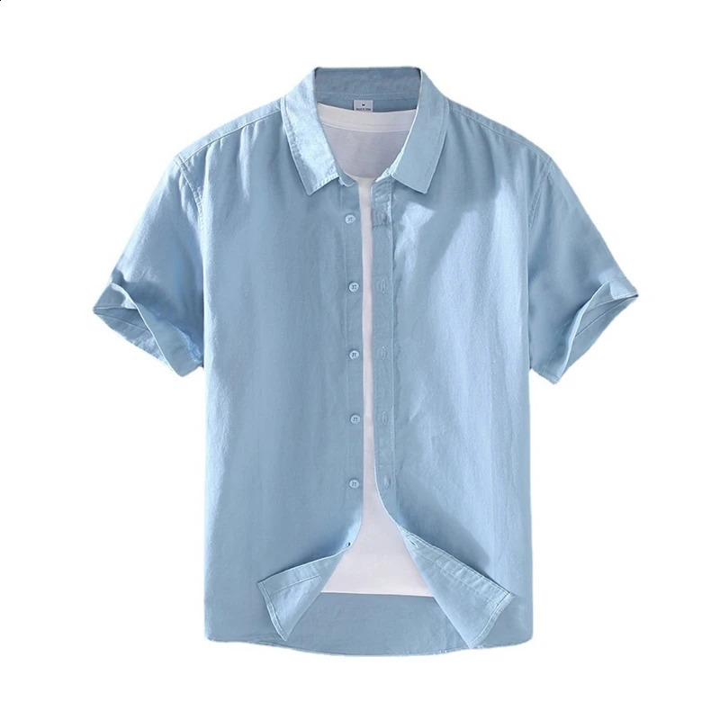 Cotton Linen Men's Short-Sleeved Shirts Summer Streetwear Plain Color Stand Collar Casual Beach Style Plus Size M-3XL 240117