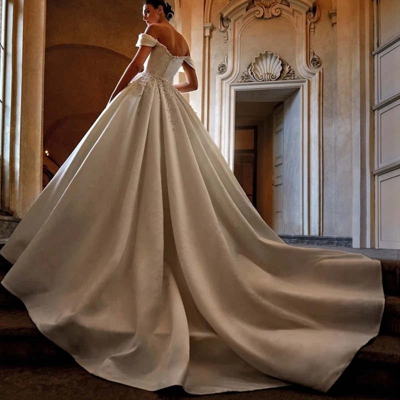 Elegant A-line Satin Wedding Dress 2024 V Neck Pearls Off The Shoulder Court Train Bridal Gowns Princess Custom Made Vestido De Novia