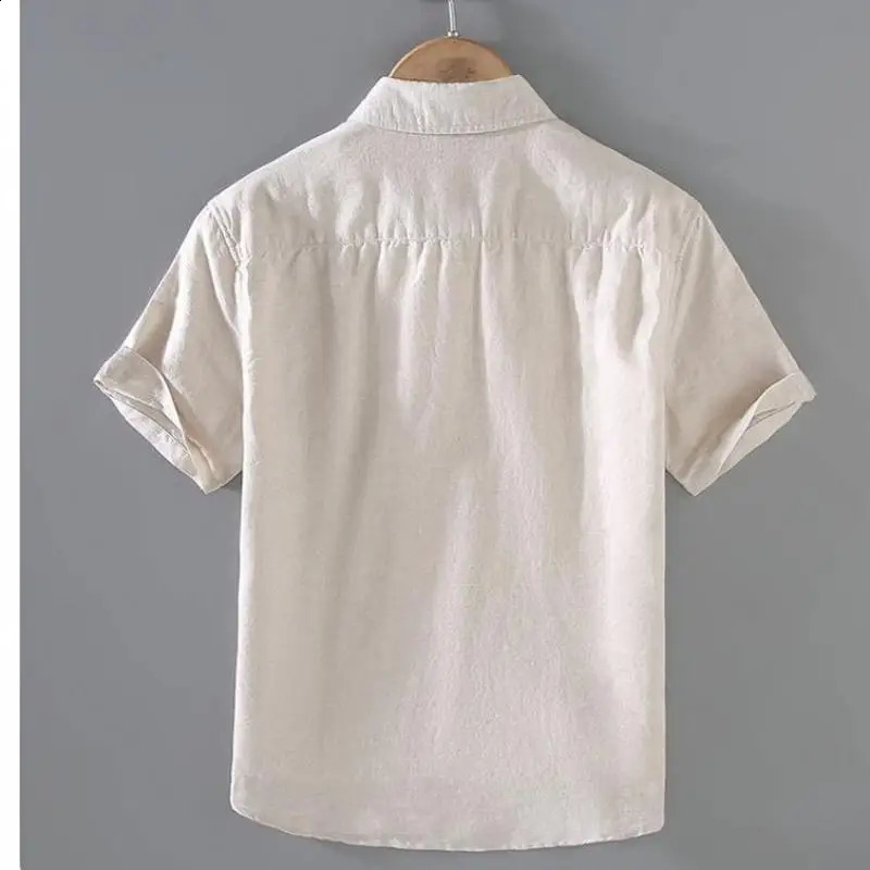 Cotton Linen Men's Short-Sleeved Shirts Summer Streetwear Plain Color Stand Collar Casual Beach Style Plus Size M-3XL 240117
