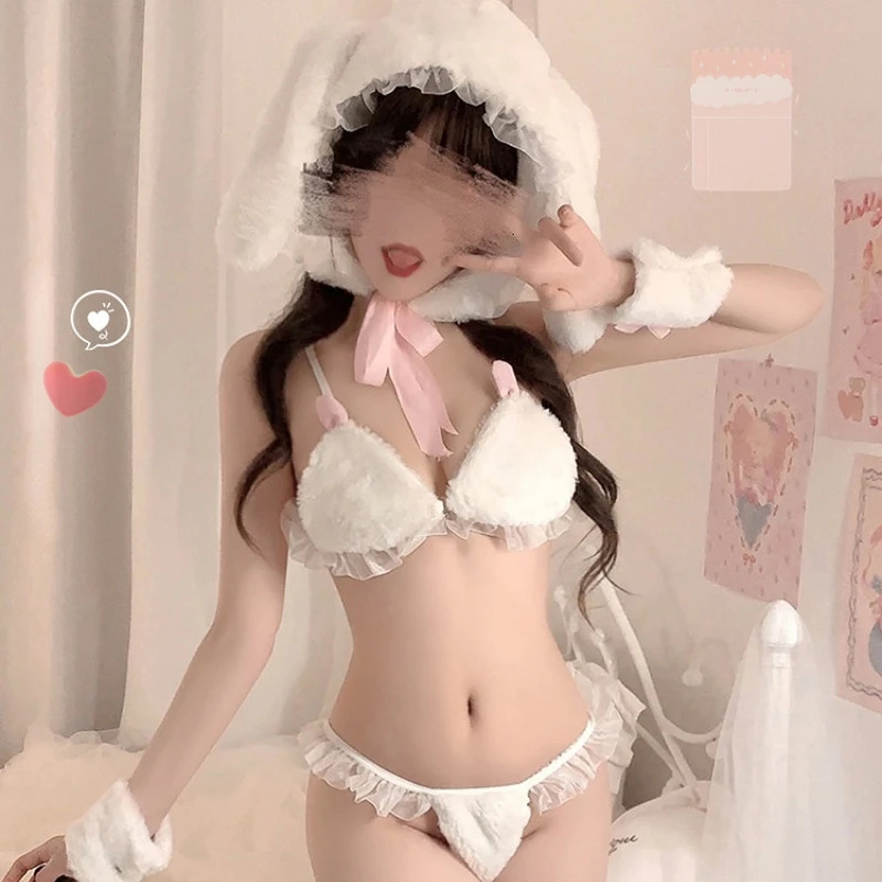 Anime Rabbit Girl Cosplay Costume Sexy Lingerie Plush Three Point Bunny Ear Tail Set Uniform Temptation Kawaii Sweet Cute Pajama 240117